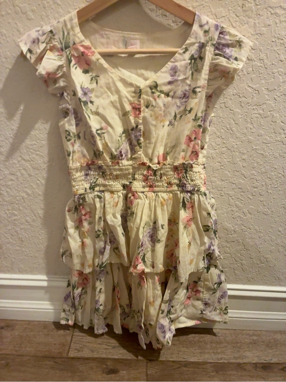 LoveShackFancy Cream Floral Smocked Waist Tiered Dress